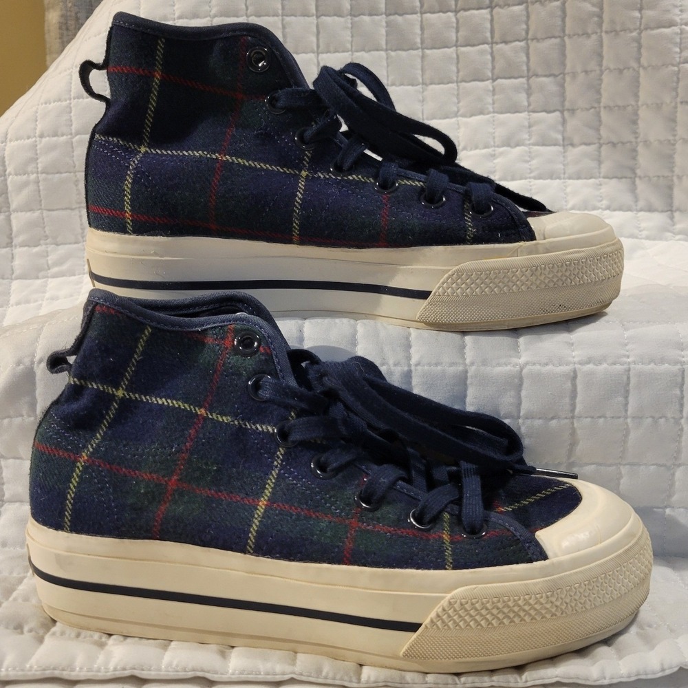 Adidas Womens US7 Nizza High Top Platform Sneakers Plaid Navy Blue Tartan Preppy